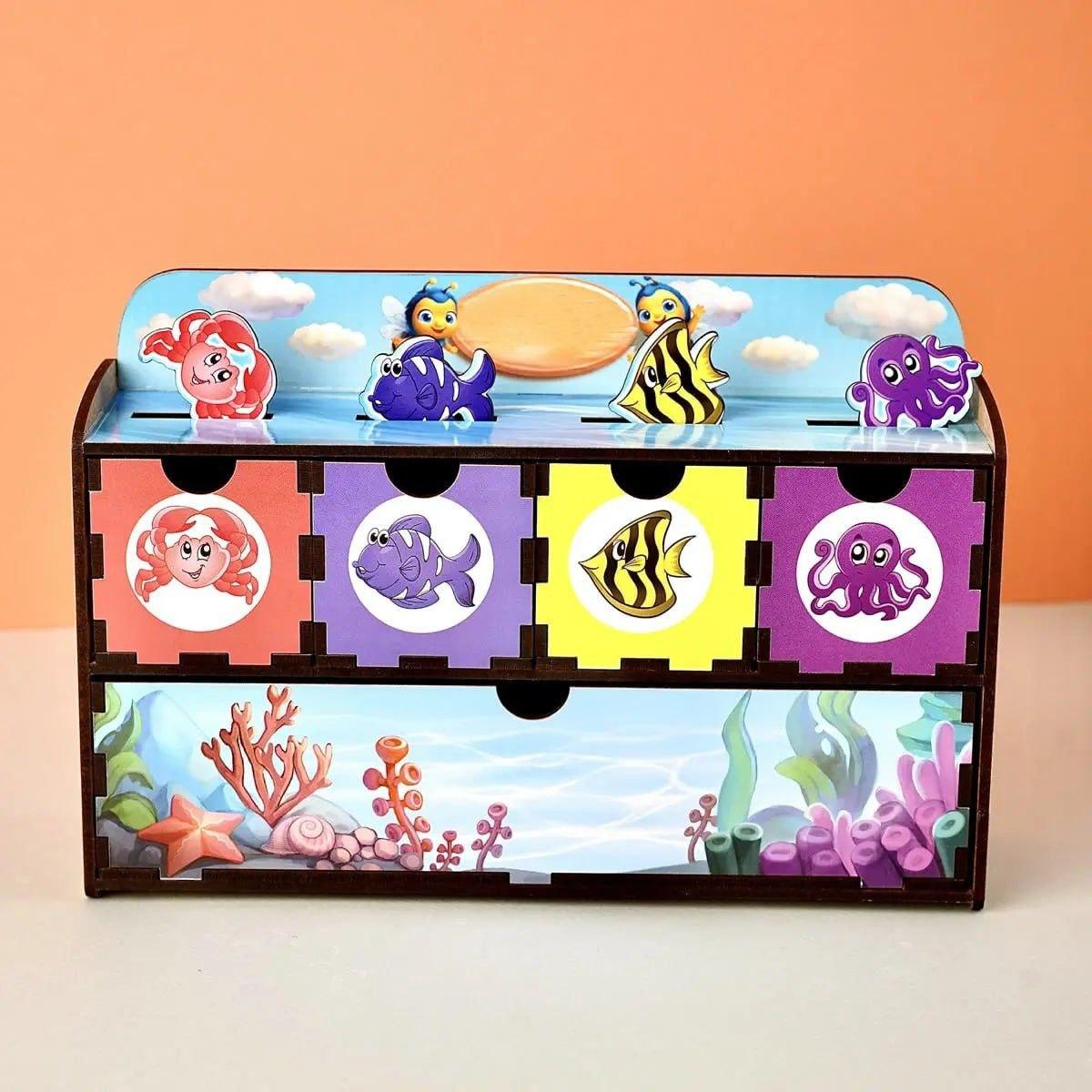 Дитяча розвиюча гра Чарівний комодик Морські мешканці 1 Дерев'яний сортер Ubee ПСД003, фото 1