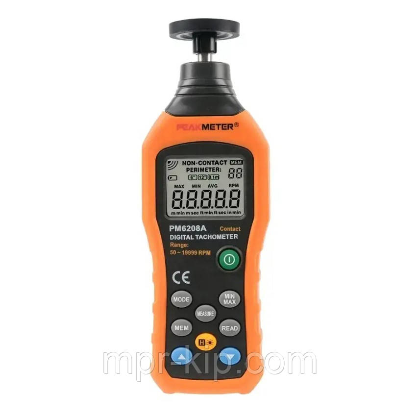 Контактний тахометр PeakMeter PM6208А з 5 насадками та пам'яттю на 100 вимірювань, діапазон 50-19999 об/хв