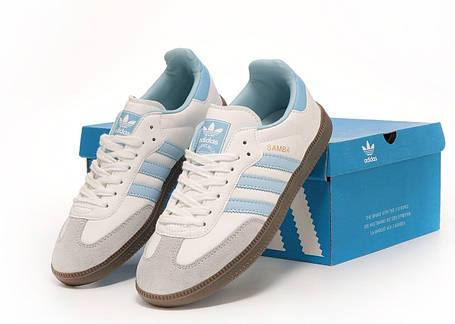Жіночі кросівки Adidas Samba White Blue Адідас Самба білі з блакитним повсякденні замша шкіра демісезон, фото 1