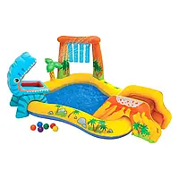 Игровой центр детский надувной Intex 57444 «Динозавры», 249х191х109 см, с горкой, фонтаном и шариками 6 шт