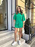 Зелений жіночий літній прогулянковий костюм із жатого крепу: сорочка та шорти, фото 7