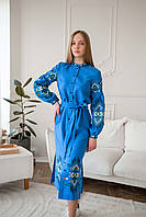 Cиня сукня вишиванка FOLK  вишивкою на ґудзиках з поясом  арт. 4649