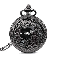 Годинники кварцові кишенькові в стилі вінтаж, циферблат під кришкою, що відкривається, метал, на ланцюжку, колір чорний