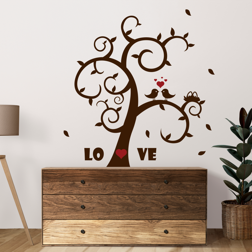 Інтер'єрна наклейка на стіну Дерево кохання 1018х1176мм (пташки серце завитки) Happy Pocket Коричневий матовий, фото 1