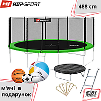 Батут садовый Hop-Sport 16ft (488cm) с наружной сеткой + мячи, батут для детей 5-15 лет, зеленый