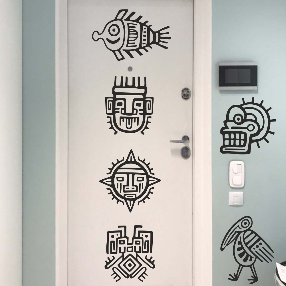 Набір вінілових наклейок Символи Ацтеків 6 шт. (птах риба череп маски символи) Happy Pocket Чорний матовий