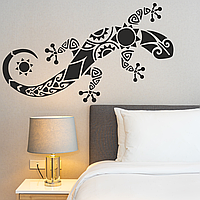 Вінілова наклейка на стіну Ящірка Полінезія 485х212мм (символи сонце ящірки) Happy Pocket Чорний матовий