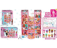 Кукольный каркасный домик розового цвета девчачий для куколок в наборе 247 деталей и 12 оригинальных куколок