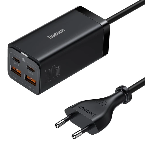 Мережевий зарядний пристрій Baseus GaN3 Pro QC4.0+PD3.0 100W 2USB+2Type-C 5A + кабель Type-C to Type-C 100W 20V/5A 1м Чорний, фото 1