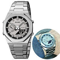 Часы мужские серебристые стальные наручные стрелочные часы с будильником подсветкой оригинальные Skmei