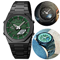 Часы черные мужские с подсветкой будильником стальные наручные часы с зеленым циферблатом Skmei Striker