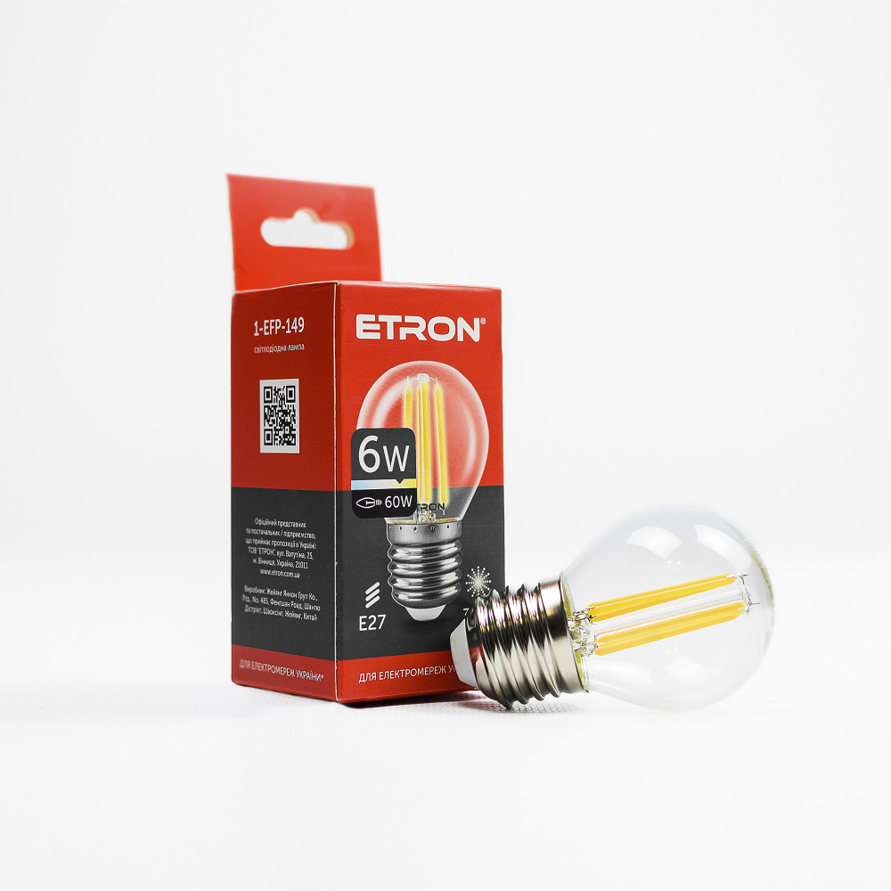 Лампа "Etron Filament Power" прозоре скло LED 1-EFP-149 G45 6Вт 3000K Е27(10), фото 1