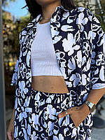 Стильный трендовый легкий женский летний костюм-двойка рубашка с коротким рукавом и шорты в цветочный принт