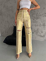 Стильные женские джинсы рваные с золотым напылением высокая посадка
