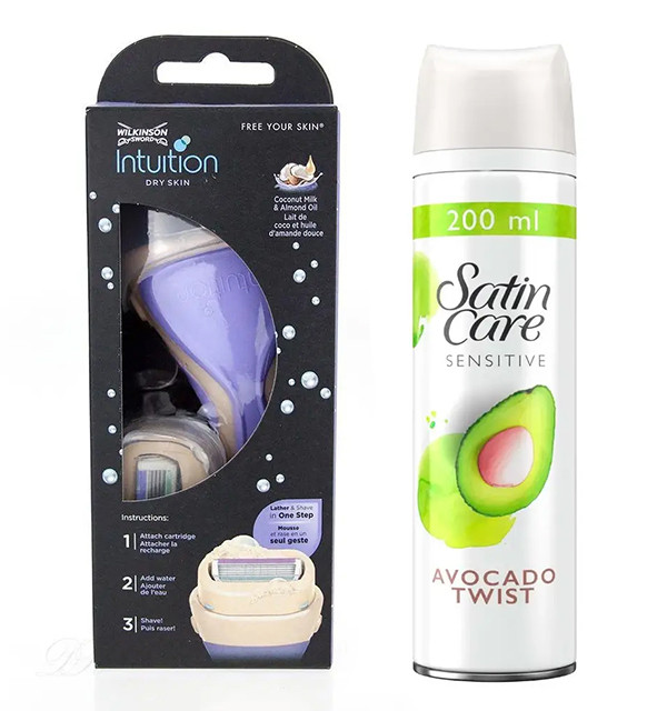 Жіночий станок для гоління Wilkinson Intuition Dry Skin + Гель для гоління Gillette Satin Care Avocado