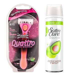 Жіночий станок для гоління Wilkinson (Schick) Quattro + Гель для гоління Gillette Satin Avocado