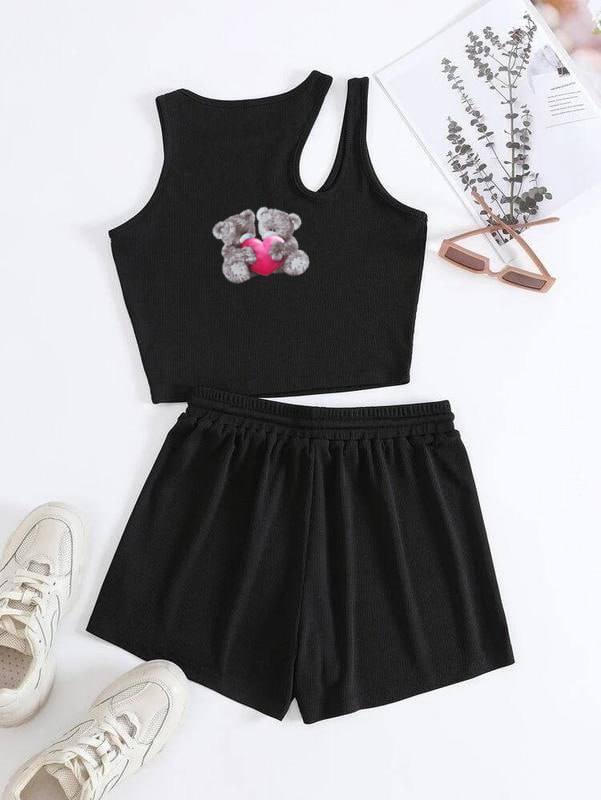 Жіночий літній костюм асиметричний топ та шорти. Ведмедик Тедді, фото 1