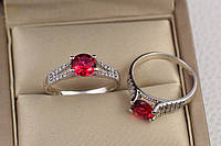 Кільце Xuping Jewelry з червоним каменем на ніжці з двох доріжок з камінчиками р 17 сріблясте