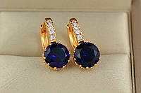 Серьги  Xuping Jewelry с большим синим камнем и круглой застежкой 2 см золотистые