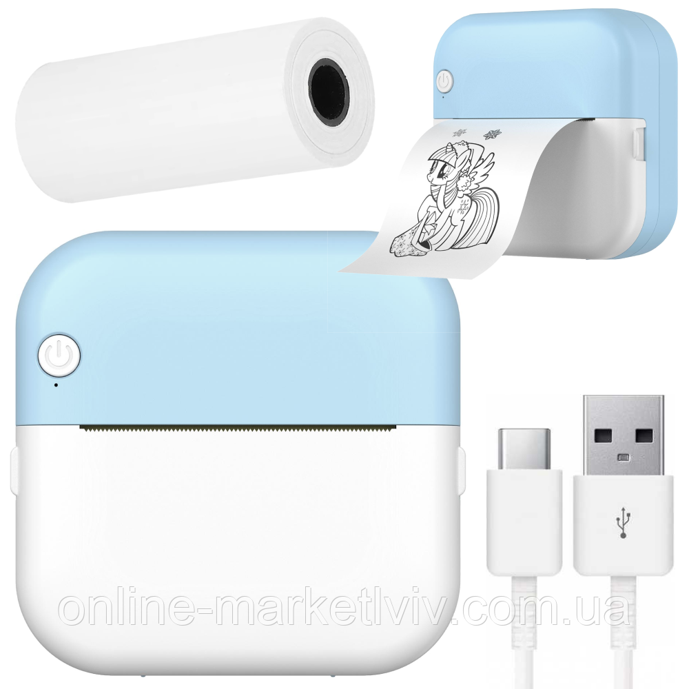 Портативний міні принтер з Bluetooth, М3, Блакитний + Рулон термопаперу / Bluetooth принтер / Дитячий термопринтер
