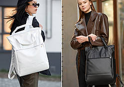 Великий жіночий рюкзак-сумка з двома ручками, для поїздок, ноутбука 15,6-17,3″ чорний / білий рол з екошкіри