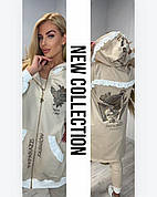 Жіночий трикотажний бежевий брендовий костюм | Турецький костюм трійка | Кардиган+майка+брюки