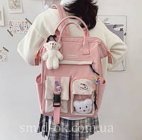 Школьный подростковый рюкзак хаки сумка-портфель для девочки 5-11 класса стиль Preppy значки и брелок-мишка розовый