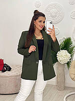 Женский классический пиджак с отложным воротником из крепкостюмки цвет хаки р.46 357965