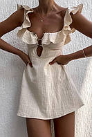 ШОК! Женское легкое муслиновое бежевое короткое платье с воланами и открытым декольте 42-44 46-48