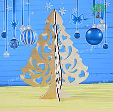 Дерев'яна ялинка на стіл, новорічні іграшки і прикраси