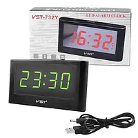 Годинник мережевий із будильником датчиком температури та датою VST-732Y-4 Чорний/Зелені