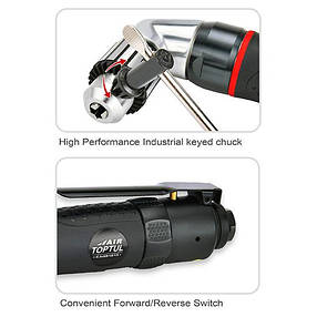 Дриль кутовий пневматичний реверсивний 3/8" (1500б/хв; промисловий патрон) TOPTUL KAQB1215, фото 3