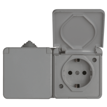 Розетка 2 гнізда з/з, 16А, MARSO "Aqua", IP 44, з кришкою, сіра