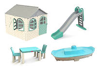 МЕГА НАБІР Середній будиночок зі шторками, велика пластикова гірка, столик зі стільчиками та пісочниця ТМ Doloni