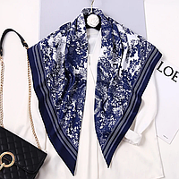 Женский платок в стильном дизайне, шелковый платок синий, белый, легкий шарф, платок на голову бренд , 90 см