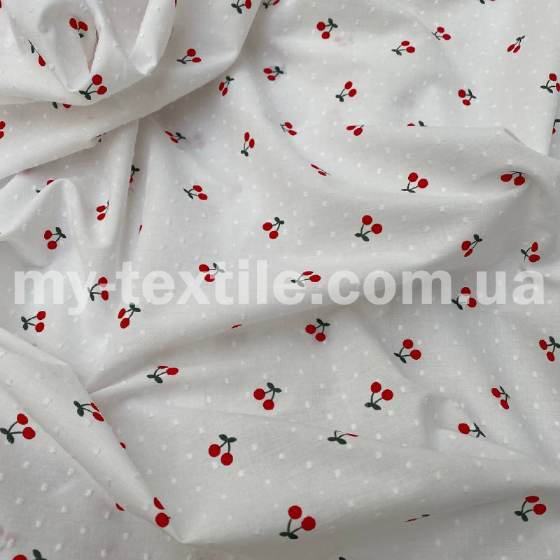 Мережка коттон у точку Вишні 15 мм на молочному, фото 1