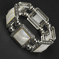 Браслет на руку широкий на гумці метал зі сріблястими елементами та візерунками з білим кварцом ширина 30 мм