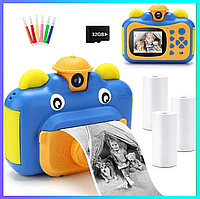 Детский фотоаппарат с функцией мгновенной печати синий 12 МП 1080P Детский фотоаппарат с экраном glbl