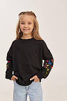 Свитшот для девочки с вышивкой "Полевые цветы", детский черный свитшот