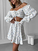 Женский муслиновый костюм: топ с шикарным декольте и длинным рукавом и юбка с рюшами