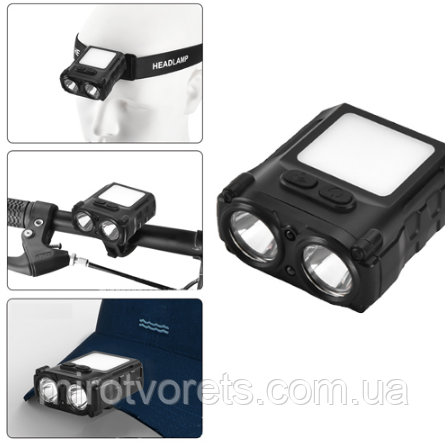 Ліхтар налобний з червоним світлом, велоліхтар SH-T808-2XPE+20SMD, Motion Sensor, Li-Ion акум, Type-C