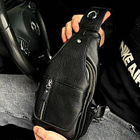 Черный кожаный мужской слинг на плечо TIDING BAG 1471