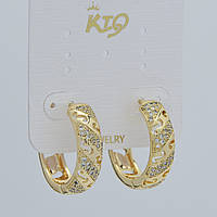 Сережки круглі кільця конго зі стразами та візерунком золотистий лимонний відтінок Д 23 мм ширина 6 мм покриття 925 S