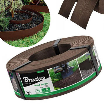 Бордюр для грядок 78мм х 2,8мм х 10м Wood border прямий коричневий Bradas пластиковий садовий ландшафтний