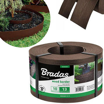 Бордюр для грядок 113мм х 2,8мм х 10м Wood border прямий коричневий Bradas пластиковий садовий ландшафтний