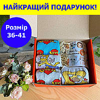 Подарочный набор женских носков на 4 пары размер 36-41 + чашка, носки с рисунком высокие NP-шкж0024