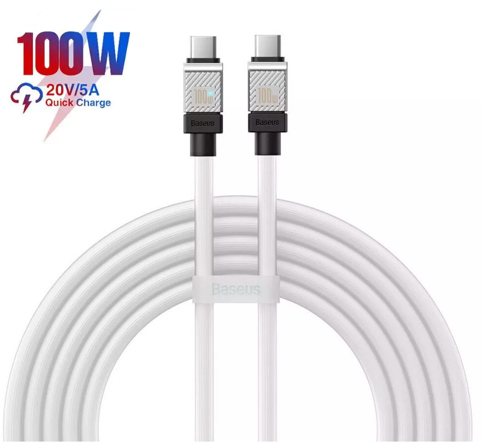 Кабель Type-C на Type-C з підсвічуванням Baseus CoolPlay Series Fast Charging (2m, 100W, 5A). White, фото 1
