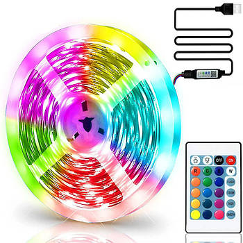 Світлодіодна LED стрічка 5м, від USB, з пультом 5050 / Багатобарвна стрічка для інтер'єру / RGB підсвітка