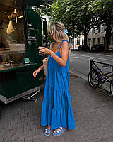 Голубой женский легкий повседневный длинный сарафан свободного кроя из креп-жатки с бретелями на завязках