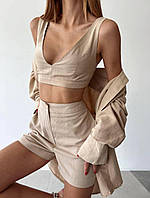 Женский льняной костюм тройка Рубашка оверсайз топ без рукавов и шорты с высокой талией 42-44 46-48